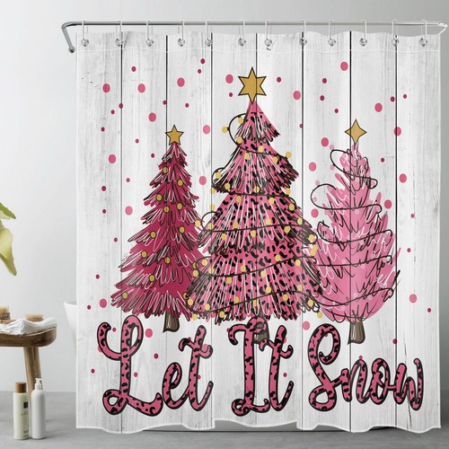 Pink Christmas Tree on Rustic Retro Wood Shower Curtain Set for Bathroom Decor - Bild 2 von 17