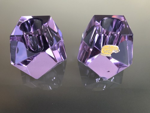 Alexandrite Faceted Glass Candleholders Bohemian Czech German Neodymium Art Deco - Picture 4 of 7