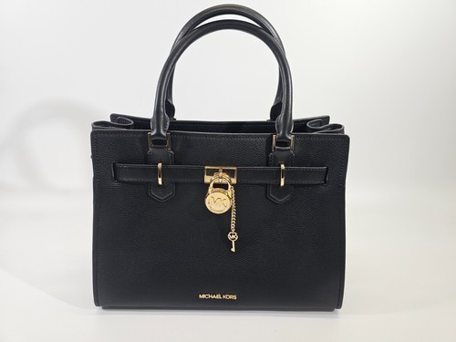 MW Michael Kors Hamilton Medium Leather Satchel Black & Gold Tote Purse Bag NEW - Picture 2 of 14
