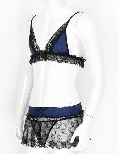 Herren Spitze Unterwäsche Dessous Set V-Ausschnitt BH Minirock und G-string Sexy - Bild 39 von 72