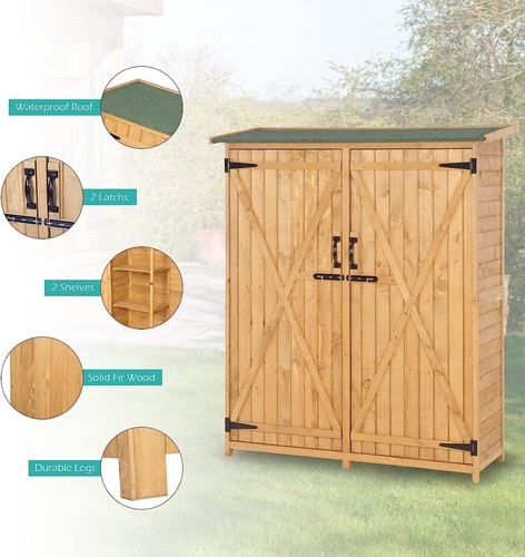 64 inch Outdoor Storage Cabinet Double Lockable Doors Wooden Garden Storage Shed - Picture 4 of 12