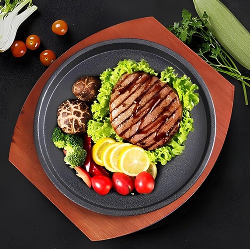 Pan with Cast Iron round with wooden plate Home Restaurant Skillet COMPLETE SET - Picture 8 of 12
