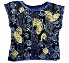 Vintage 80s 90s Embellished Beaded Silk Party Formal Blue Sequin Beaded Blouse M