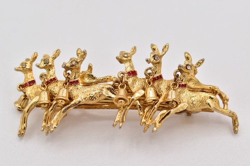 Vintage Christmas Hair Clip Reindeer Gold Red Enamel Bells Dangle Holiday 1980s - Picture 1 of 12