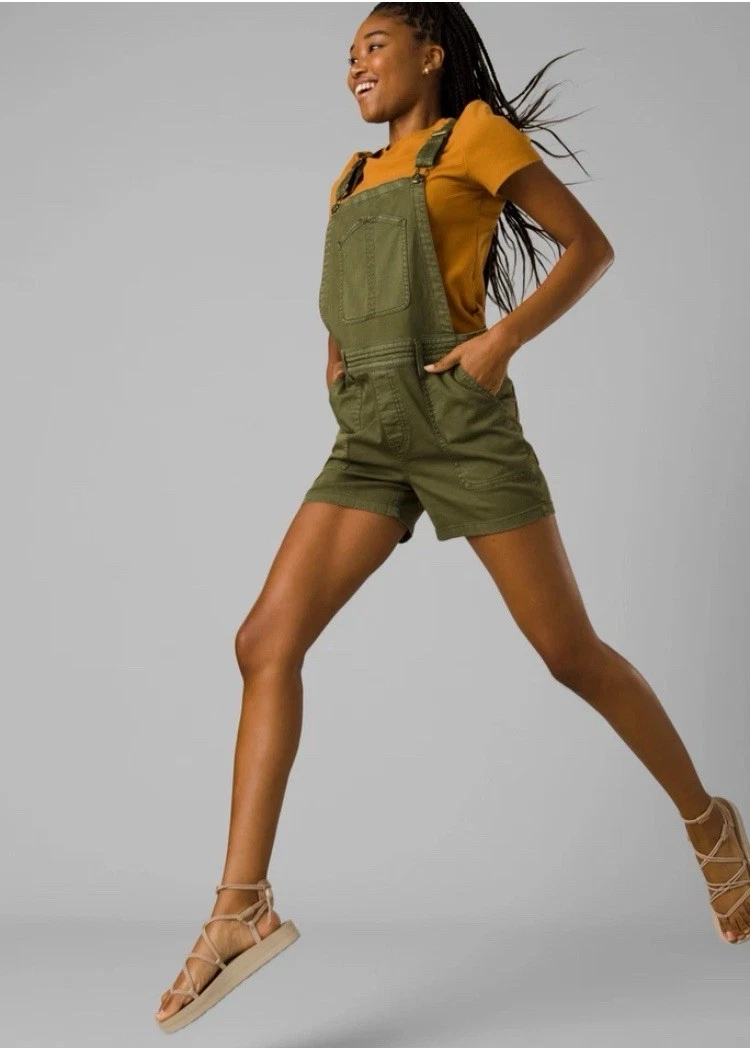 PrAna Sancho Shortalls Women’s Small Overalls Bib Shorts Organic Cotton Green