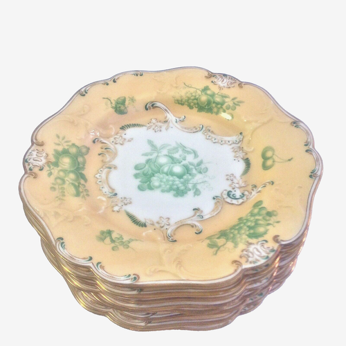 SPODE ANTIQUE SET 8 GORGEOUS ENGLISH DESSERT PLATE SCALLOP GREEN GOLD SCROLLS - Picture 12 of 12
