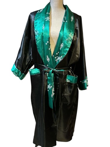 Vintage Kimono Embroidered Dragon Reversible Green/Black Asian Robe Silky XL - Picture 2 of 4