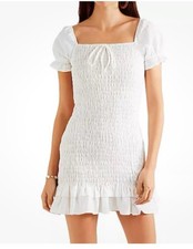 Faithfull The Brand Womens Linen Smocked Short Sleeve Mini Dress SIZE 6