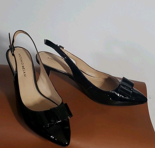 Antonio Melanie Size 8 Black Patent Leather Bow Pointed Toe Slingback Heels - Picture 3 of 10