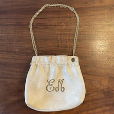 Vintage Cream Leather Kiss Lock Pouch Shoulder Bag Clutch Adjustable Chain