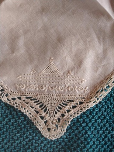 Fazzoletto 10,5" VINTAGE OFF WHITE IMPREZIOSITO~SPOSA~PIZZO~MATRIMONIO~COTONE~SPOSO - Foto 6 di 7