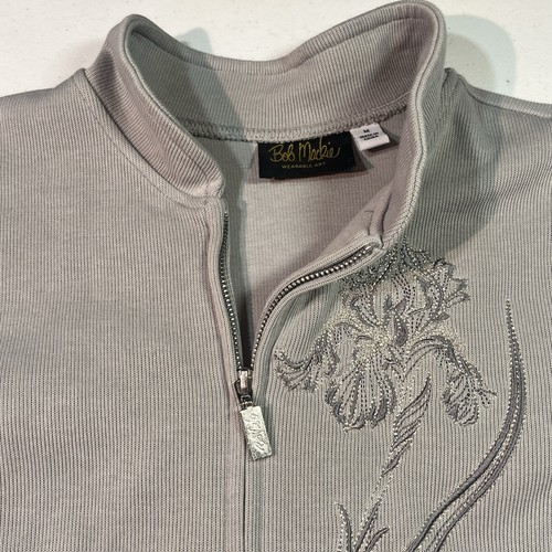 Bob Mackie grau Blumenmuster durchgehender Reißverschluss Fleecejacke Damen Medium tragbar Kunst - Bild 3 von 7
