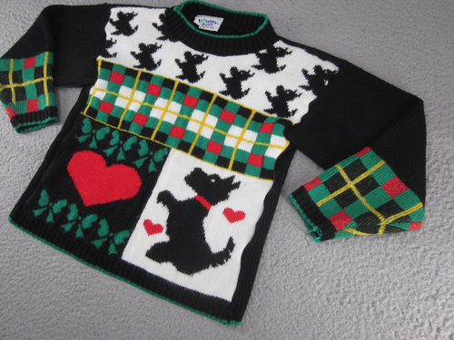 Vintage Sweater Girls Medium Scottie Dog Heart Plaid Made USA 90s - Picture 3 of 17