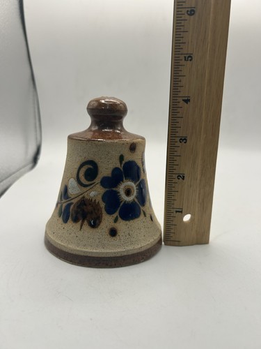 Campana ceramica Tonala arte popolare messicana vintage ~ disegno floreale dipinto a mano ~ marrone/blu - Foto 9 di 9
