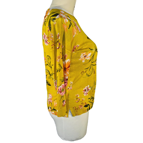 LOFT - NWT Thin Knit Sweater Women's L Yellow Floral 1/2 Sleeve Crew Neck - Picture 4 of 10