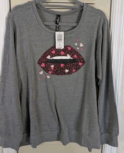 New TORRID 2X Heather Grey Sleep Lounge Sweatshirt Lips Heart Print Super Soft