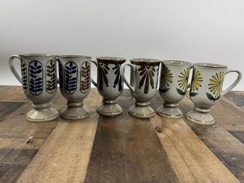 Vintage -Otagiri Stoneware Coffee Mug Cup Speckled Pedestal MCM -Japan -Set Of 6