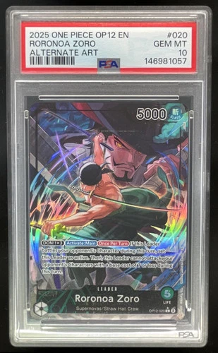 2025 One Piece OP12 EN #020 Roronoa Zoro Alternate Art PSA 10
