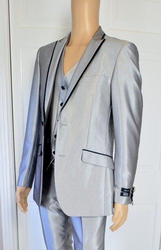 RD Royal Diamond Silver Metallic Tuxedo Formal Jacket Slim Fit 3 pc Suit Med NWT - Picture 6 of 14