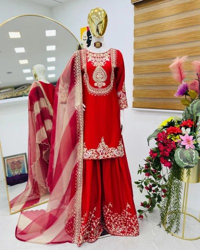 Designer Chinon Silk Party Wear Top Sharara Set with Embroidered Dupatta - Picture 7 of 12