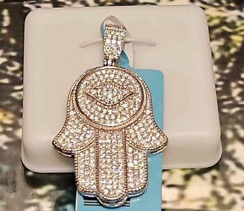 925 Sterling Silver Moissanite Hamsa Hand Evil Eye Pendant 1.5" 1.28 CTW VVSD - Picture 2 of 4