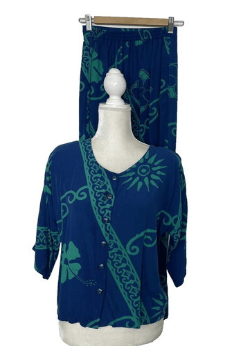 Tropical Tantrum Size XS Top Shirt Pant Set Outfit Rayon Batik Hawaii Blue