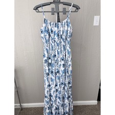 Grace Karin Womens Blue White Floral Smocked Maxi Dress Small Boho Summer Tiered
