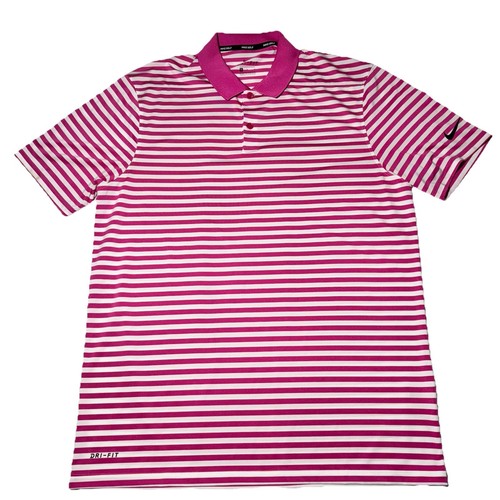 Nike Dri-Fit Golf Poloshirt Medium gestreift pink weiß Performance Herren sportlich - Bild 1 von 8