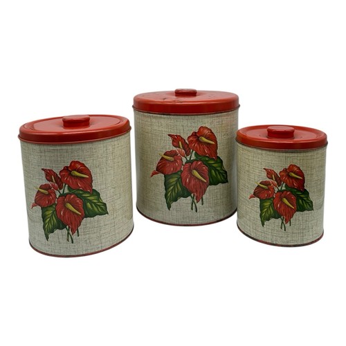 Vintage MCM Set Of 3 Decoware Anthuriums Red Flowers Metal Canisters Nesting - Picture 1 of 8