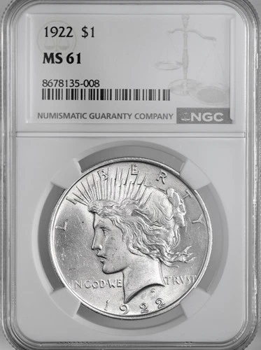 1922-P  $1 PEACE SILVER DOLLAR  "PHILADELPHIA MINT"  NGC MS61 #8678135-008