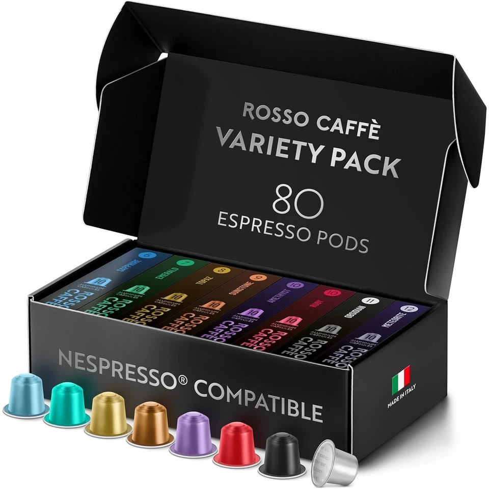 Cápsulas de café espresso de lujo paquete de variedad - 80 cápsulas, 8 sabores para Nespresso Foto 3 de 4