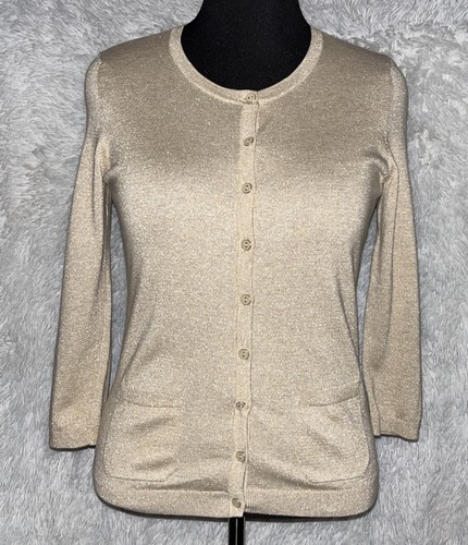 Talbots Damen Strickjacke mit Knopfleiste Gold Metallic Langarm Pullover Größe M