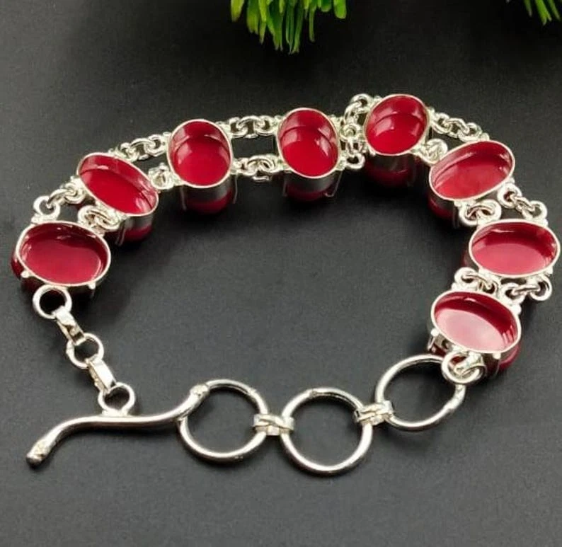 Brazalete de joyería de plata de ley 925 hecho a mano con piedras preciosas de coral rojo tamaño-7-8" Foto 3 de 4