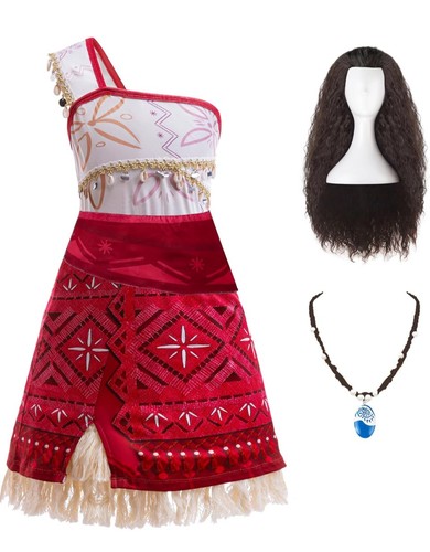 Kinder Moana 2 - Cosplay Moana Kleid Kostüm Perücke Halskette Mädchen Kleid Geschenk, 