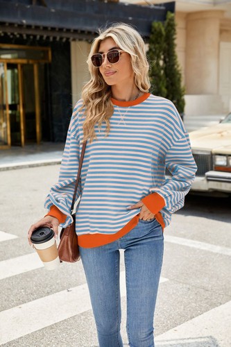 Plus Size Lady Long Sleeves Baggy Blouse Tops Striped Casual Sweatshirt Pullover - Picture 18 of 47