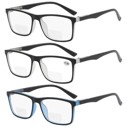 3er Pack Damen Schwarz Rechteckig Bifokal Lesebrille Herren Federscharnier Lesebrille - Bild 1 von 16