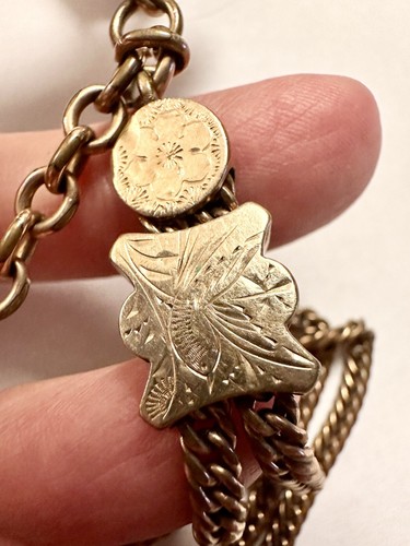 Vintage Pocket Watch T Bar Chain With Slide & Carved Double Cabochon - Picture 9 of 17