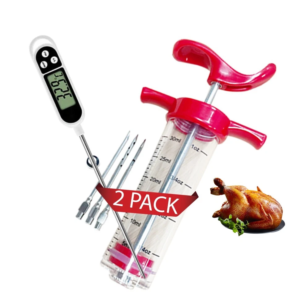 BBQ Digital Meat Thermometer With 3 Needles Meat Injector Syringe Kit 2 Pack - Image 2 of 4