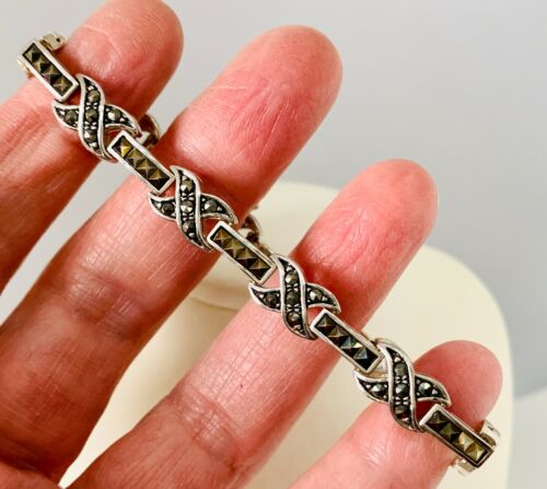 Vintage 925 Sterling Silver Bar / X Link Bracelet w/ Marcasites - 7.25" Long - Picture 3 of 4