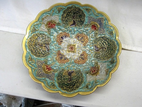 ANTIQUE CLOSIONNE DISH INTRICATE DESIGN W SCALLOPED EDGE BRASS ? BASE - Picture 3 of 7