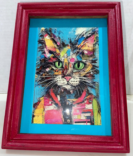 Punk Art Cat Print Red Wood Frame 6x8"