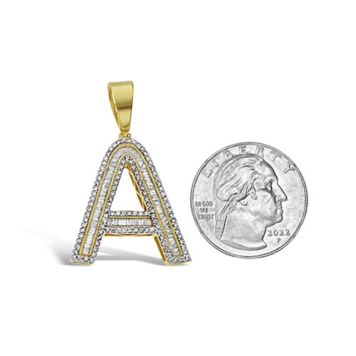 1.50 Cttw Baguette Round Diamond A Initial Letter Pendant Charm 10k Yellow Gold - Picture 3 of 4