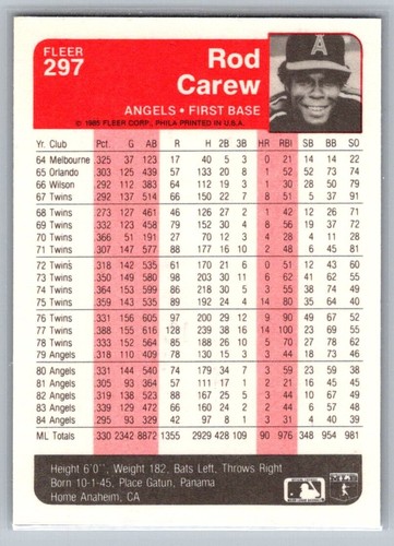 1984 Fleer Rod Carew #297 - Picture 2 of 2