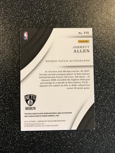 2017-18 Immaculate Jarrett Allen Rookie Patch Auto Autograph RC #44/99 Nets - Picture 2 of 2