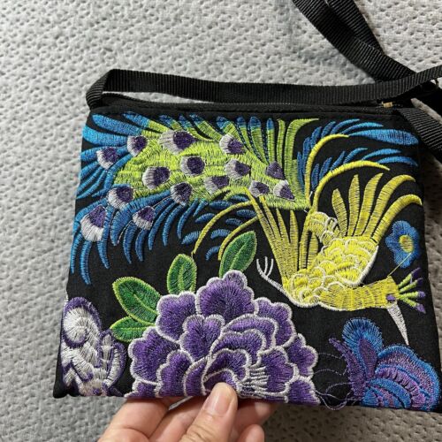 Handmade Black Yellow Green Peacock Embroidered Crossbody Mini Bag EUC - Picture 3 of 6