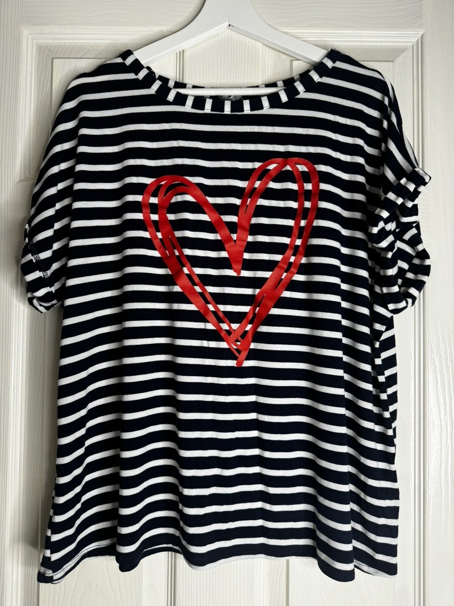 Roman Originals T Shirt Navy White Stripe Heart Print Size Large Women s Soft
