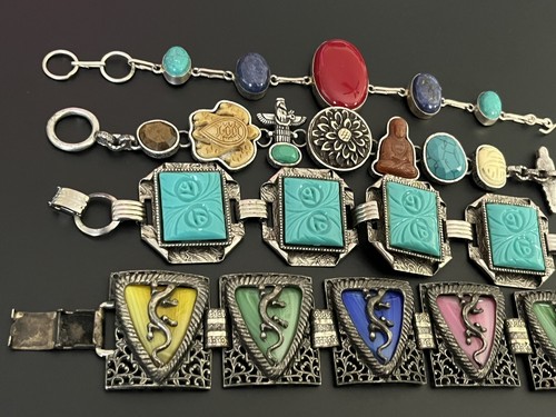 Lotto di 4 bracciali in pietra colorata dichiarazione tenuta tono argento - Foto 9 di 22