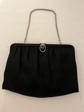 Ande Black Satin Vintage Evening Purse w/chain 2 tone fabric inside, side pocket