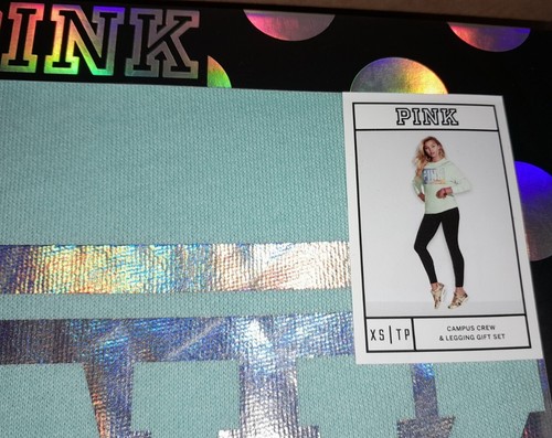 Victoria Secret Pink BLUE UNICORN HOLO Campus Crew Shirt Black Leggings XS NIB - Picture 3 of 7