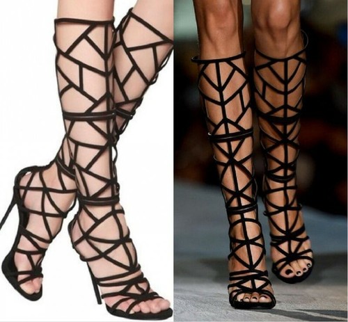 Gladiator Hollow Out Peep Toe Knee High Boots Women Sandals Punk Stilettos Heel - Picture 8 of 26